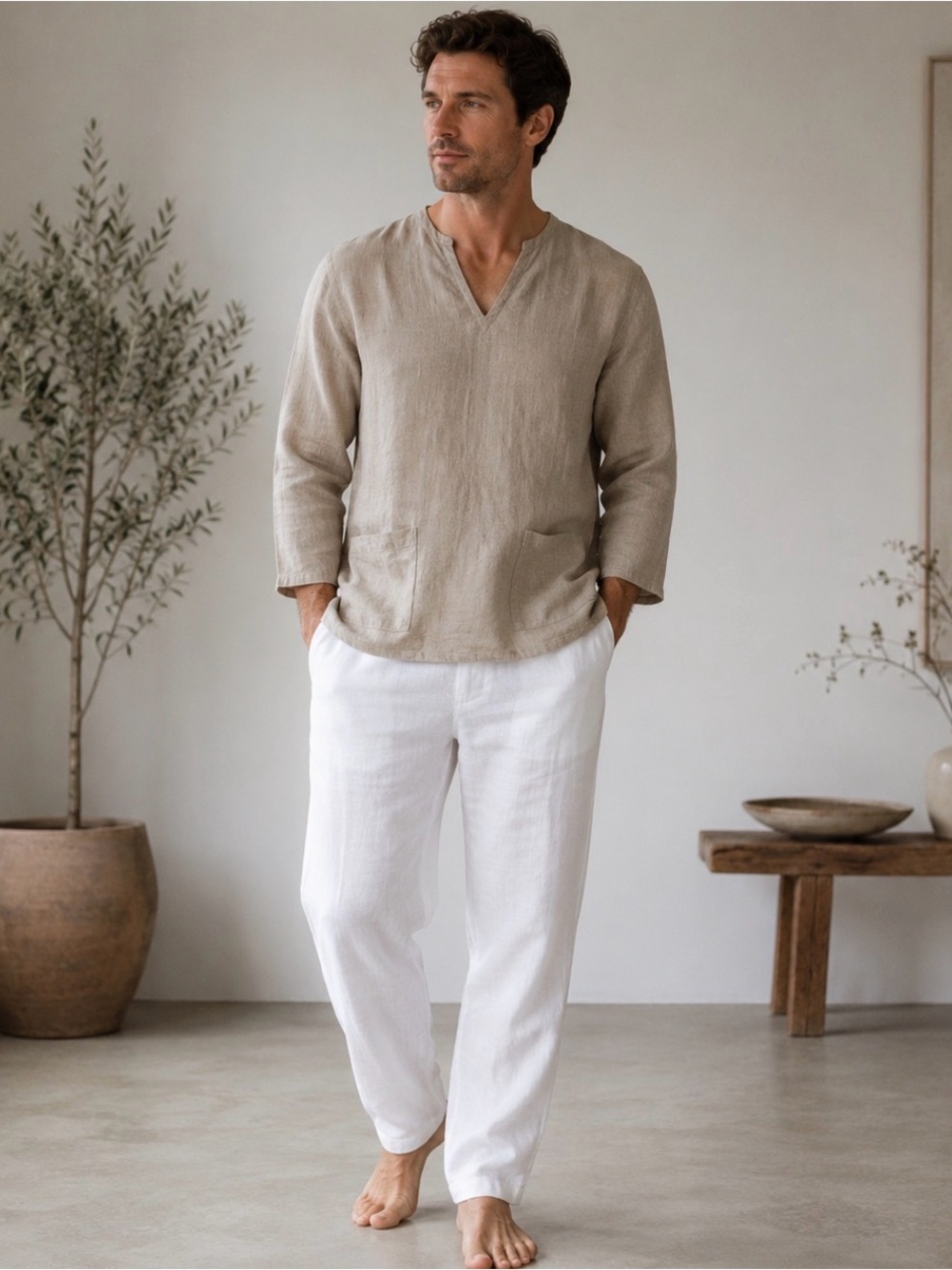 Structure Linen Top in Natural Beige Size XL